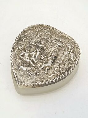 Vintage Silver-Plate Repousse Cherub Heart Trinket Box
